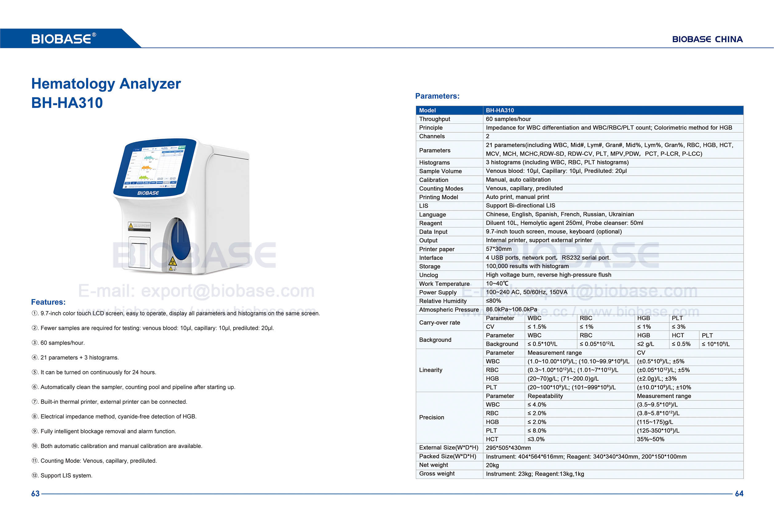 63-64 Hematology Analyzer BH-HA310 63-64 Hematology Analyzer BH-HA310