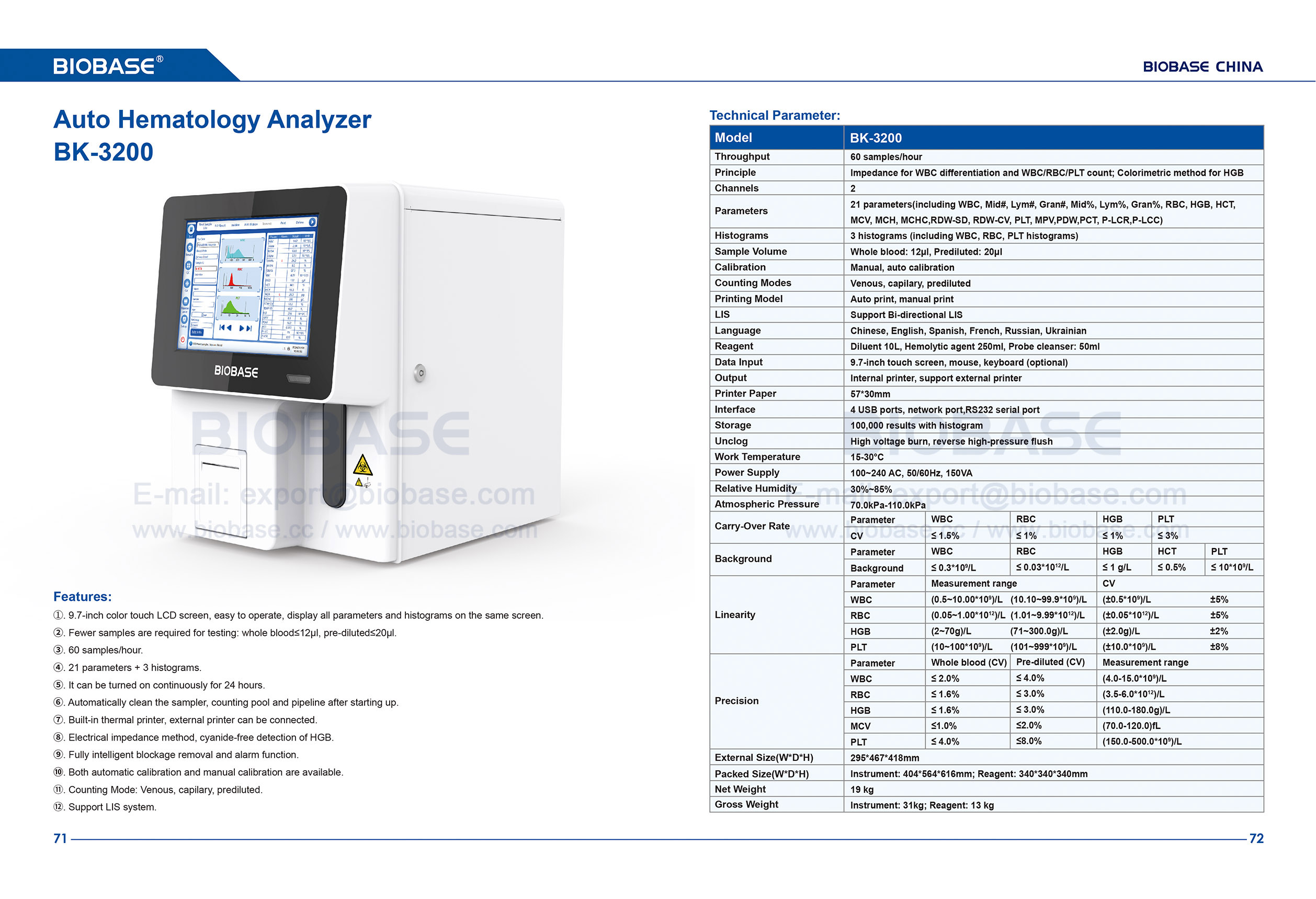 71-72 Auto Hematology Analyzer BK-3200
