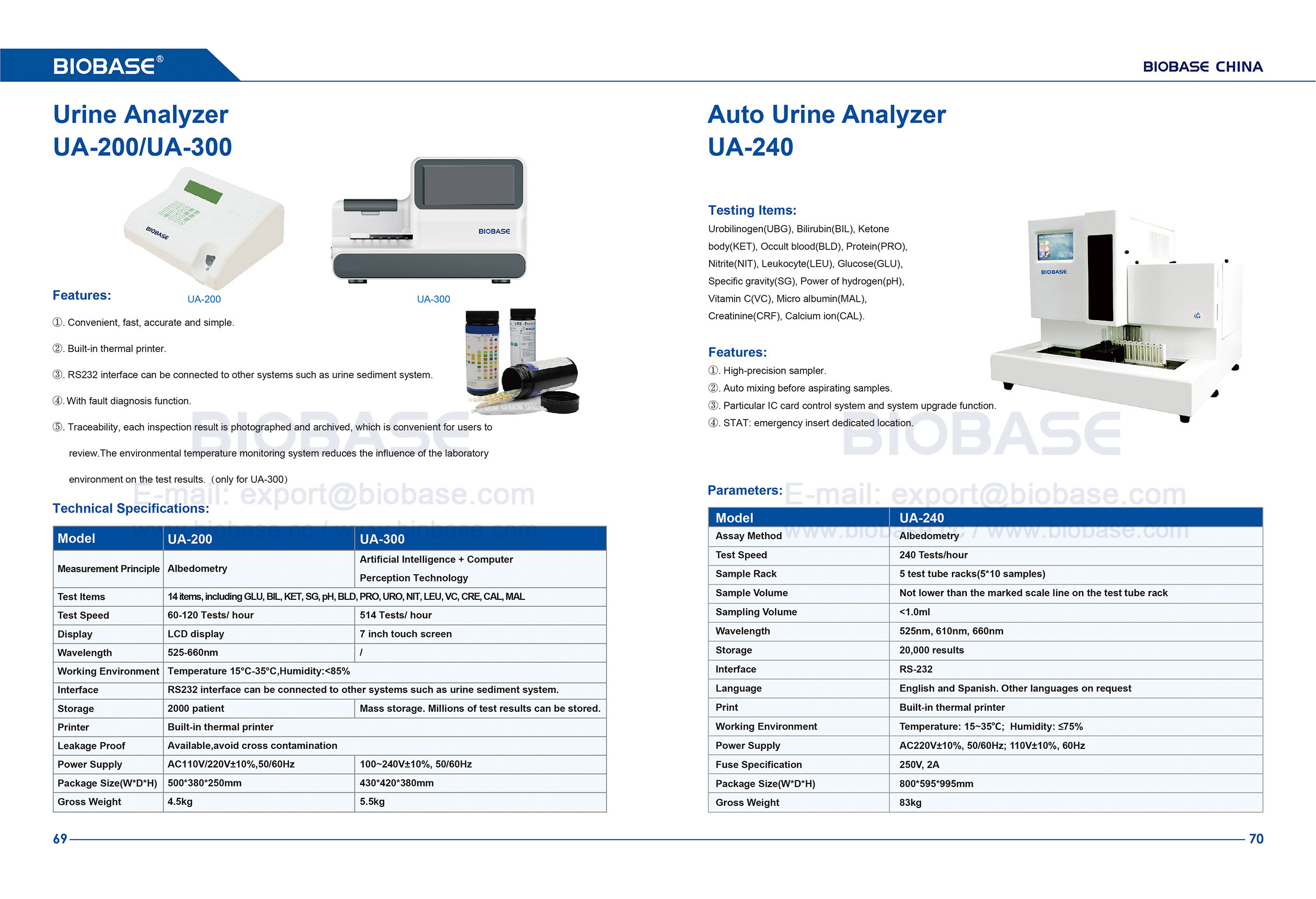 69-70 UA-200 UA-300 Auto Urine Analyzer & UA-240 Urine Analyzer