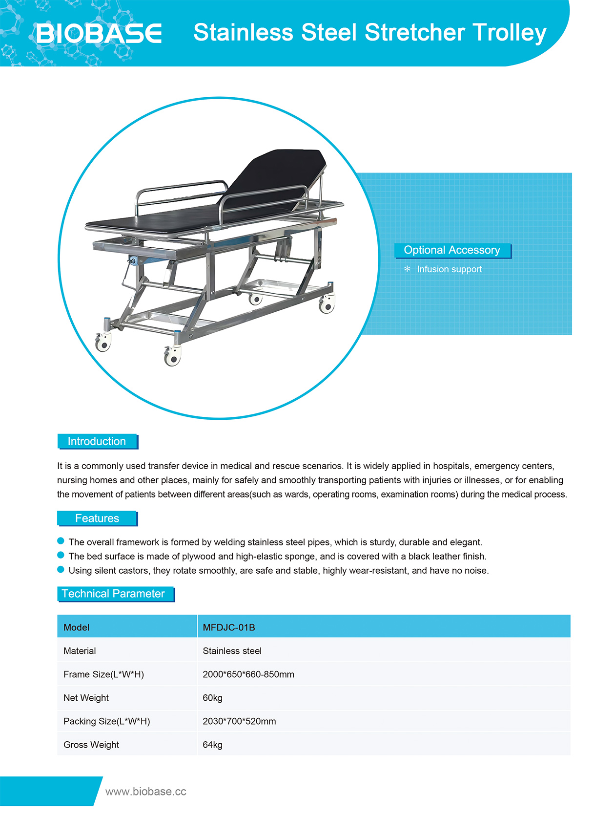 Stainless Steel Stretcher Trolley MFDJC-01B