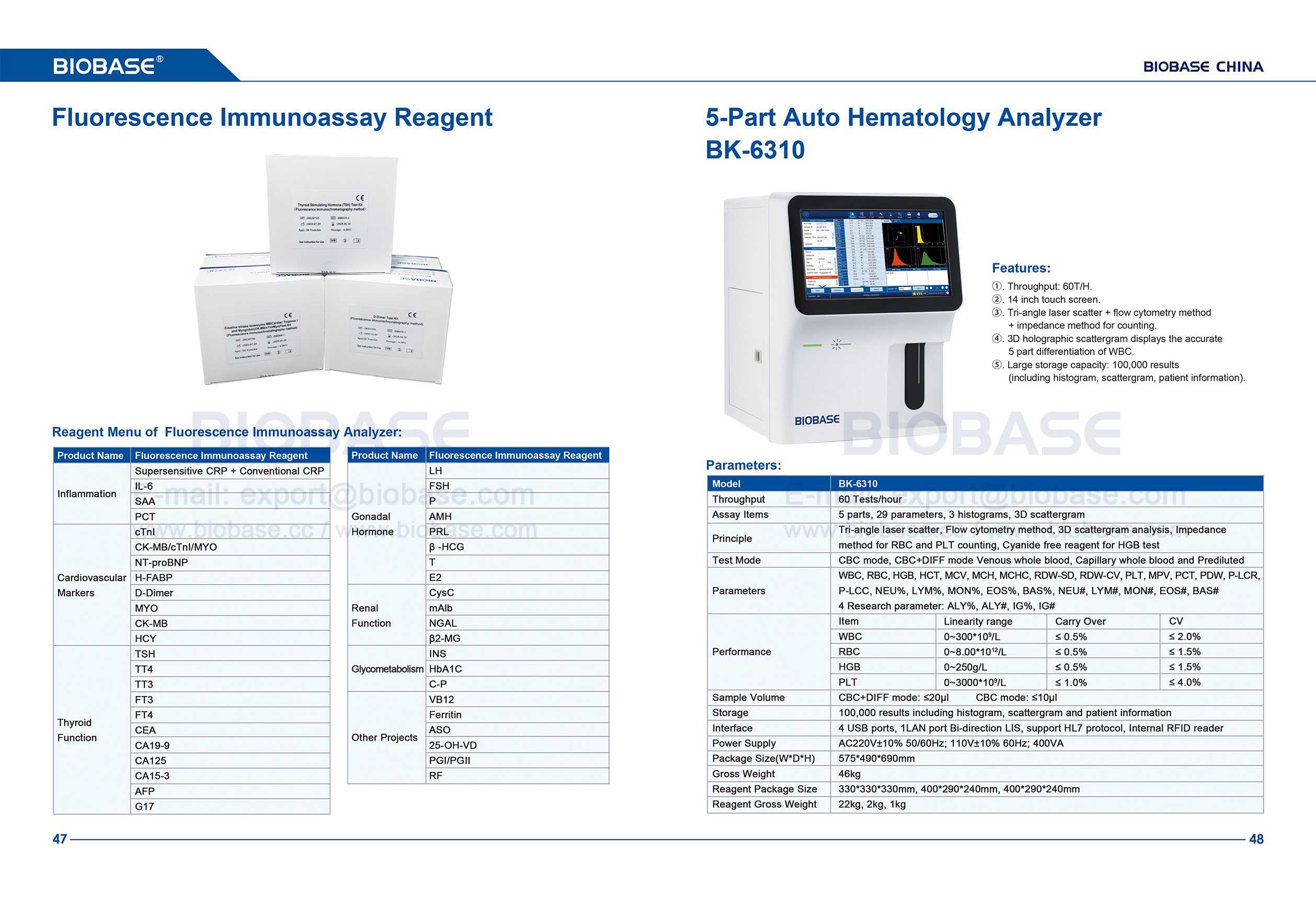 47-48 Fluorescence Immunoassay Reagent & 5-Part Auto Hematology Analyzer BK-6310