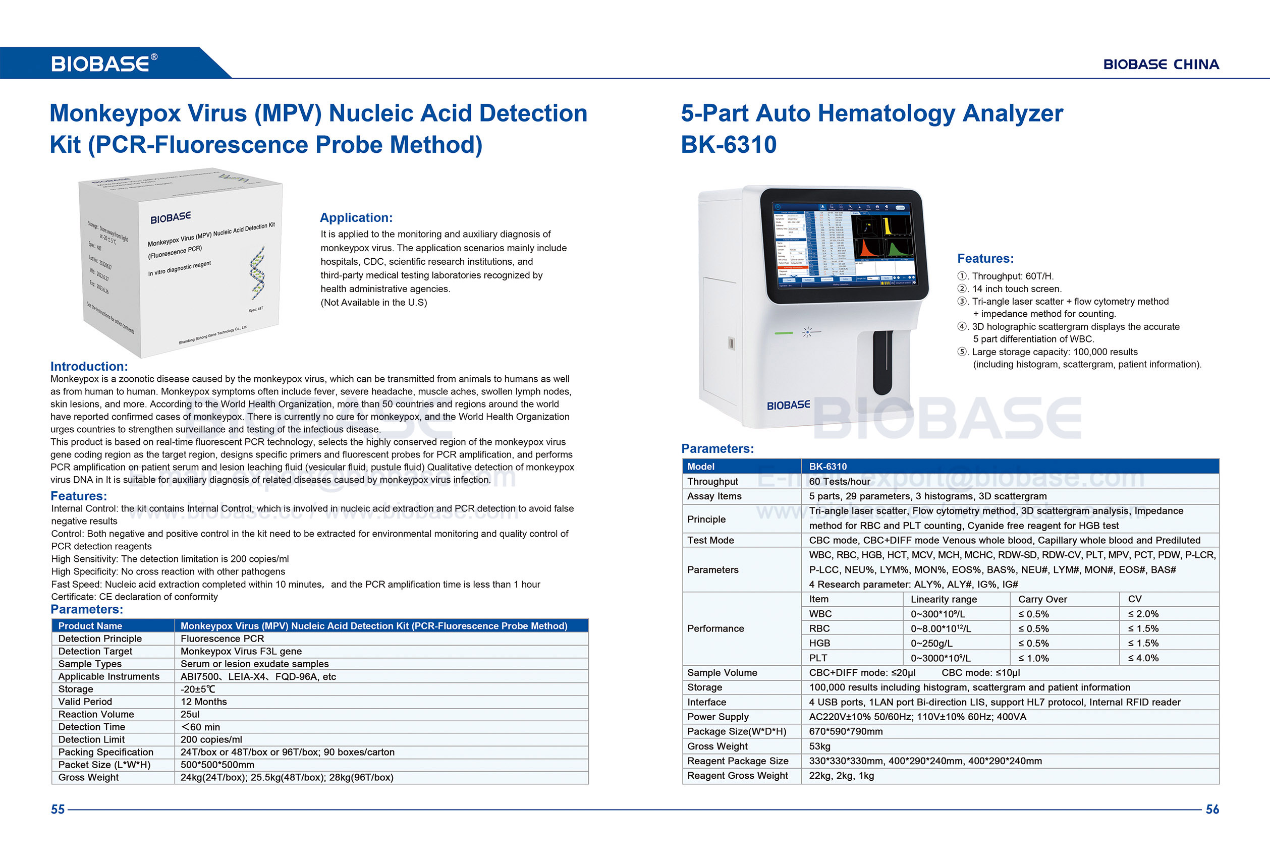 55-56 Monkeypox Virus (MPV) Nucleic Acid Detection Kit (PCR-Fluorescence Probe Method)&5-Part Auto Hematology Analyzer BK-6310