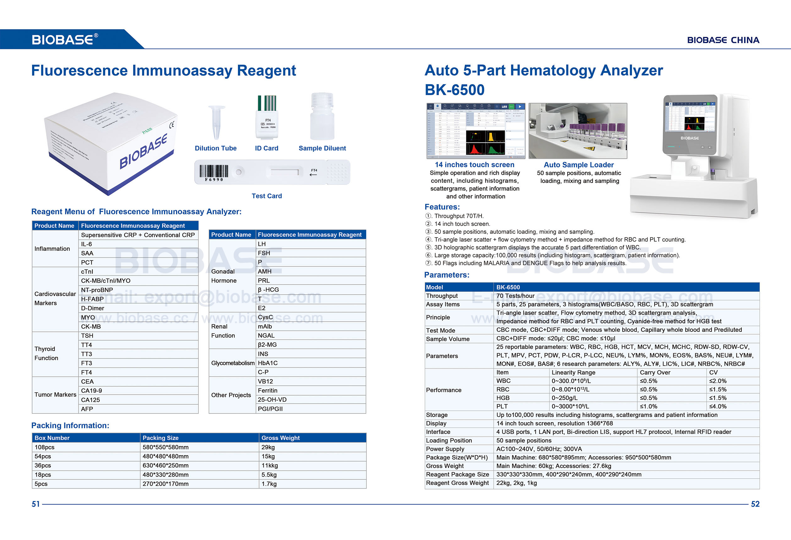 51-52 Fluorescence Immunoassay Reagent & Auto 5-Part Hematology Analyzer BK-6500