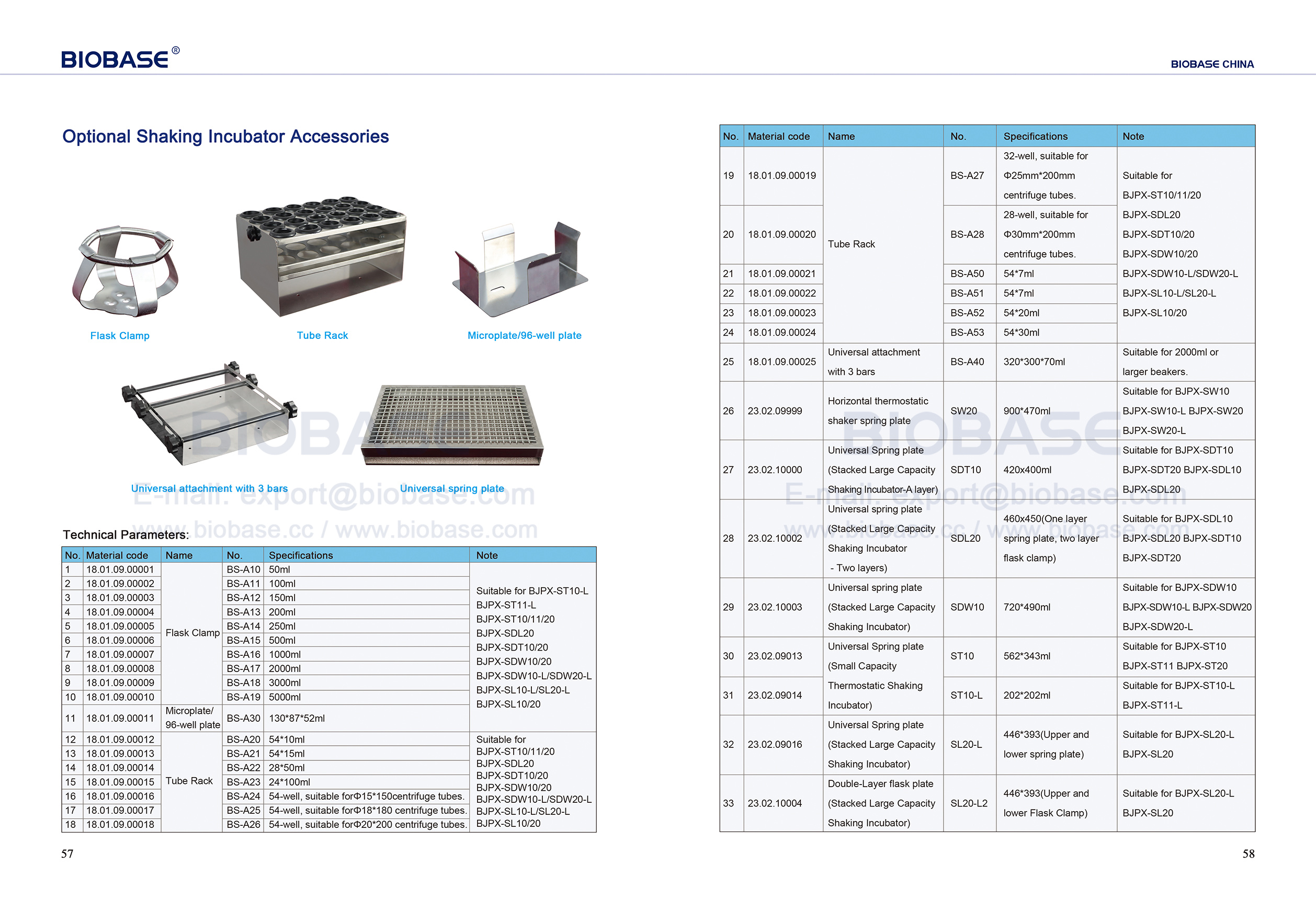 57-58 Optional Shaking Incubator Accessories