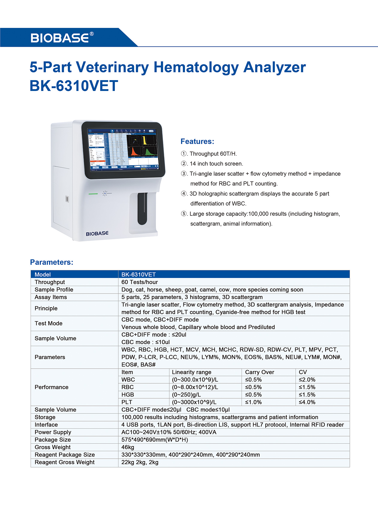 5-Part Veterinary Hematology Analyzer BK-6310VET