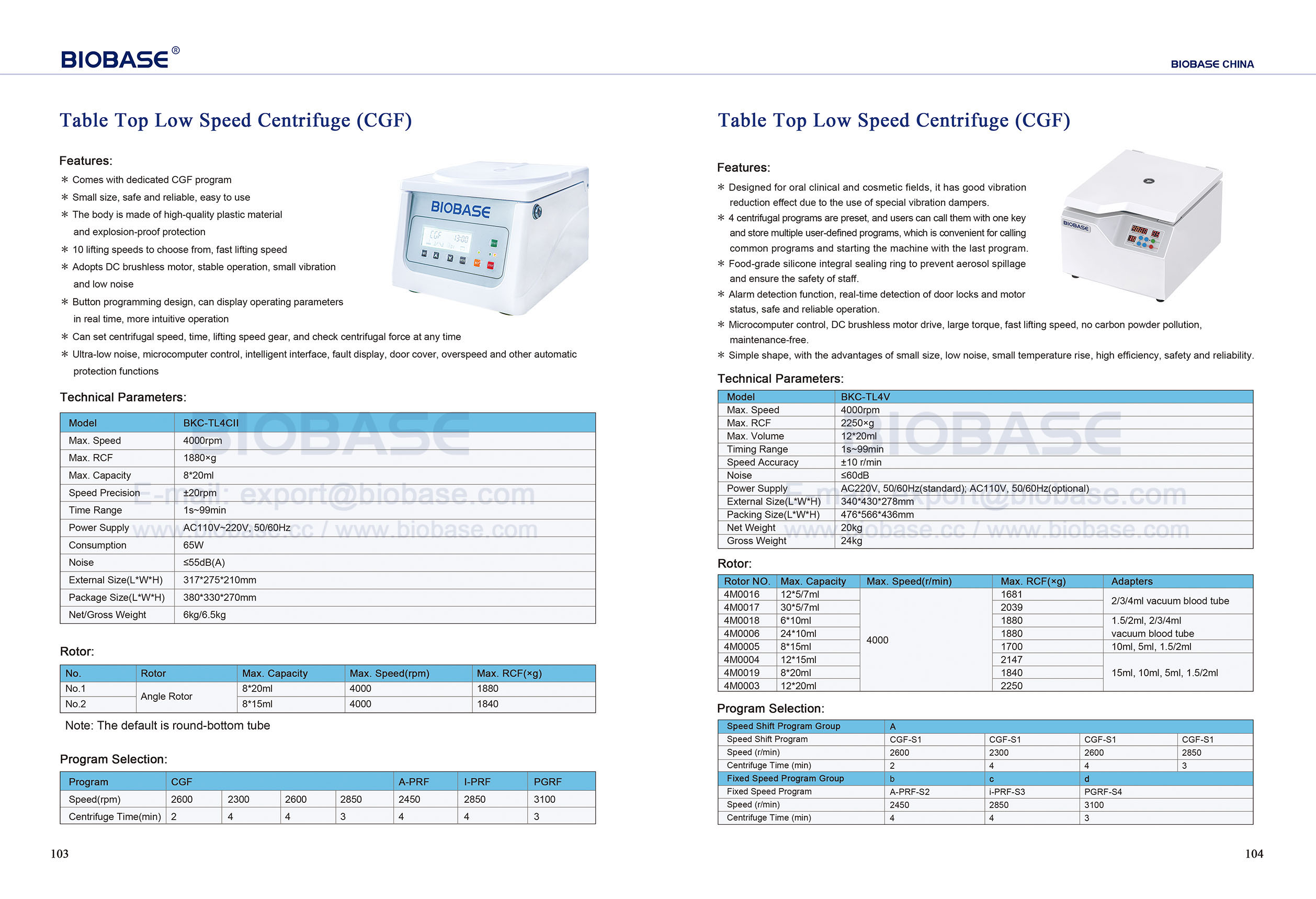 103-104 Table Top Low Speed Centrifuge (CGF) BKC-TL4CII & BKC-TL4V