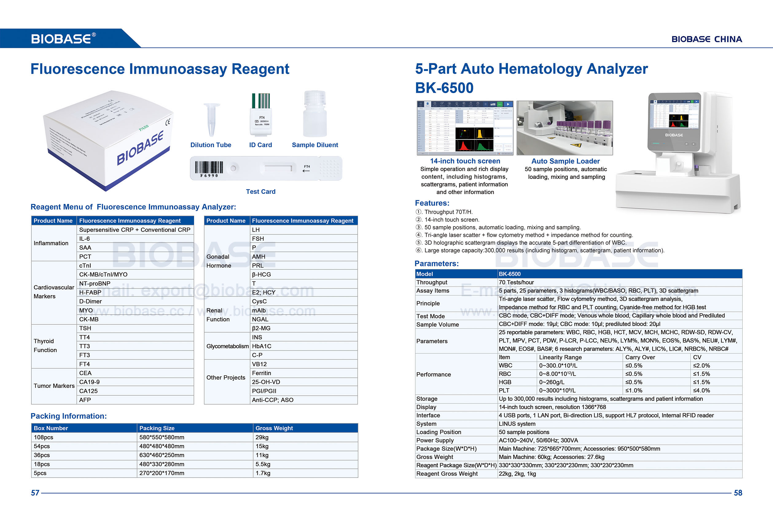 57-58 Fluorescence Immunoassay Reagent & 5-Part Auto Hematology Analyzer BK-6500