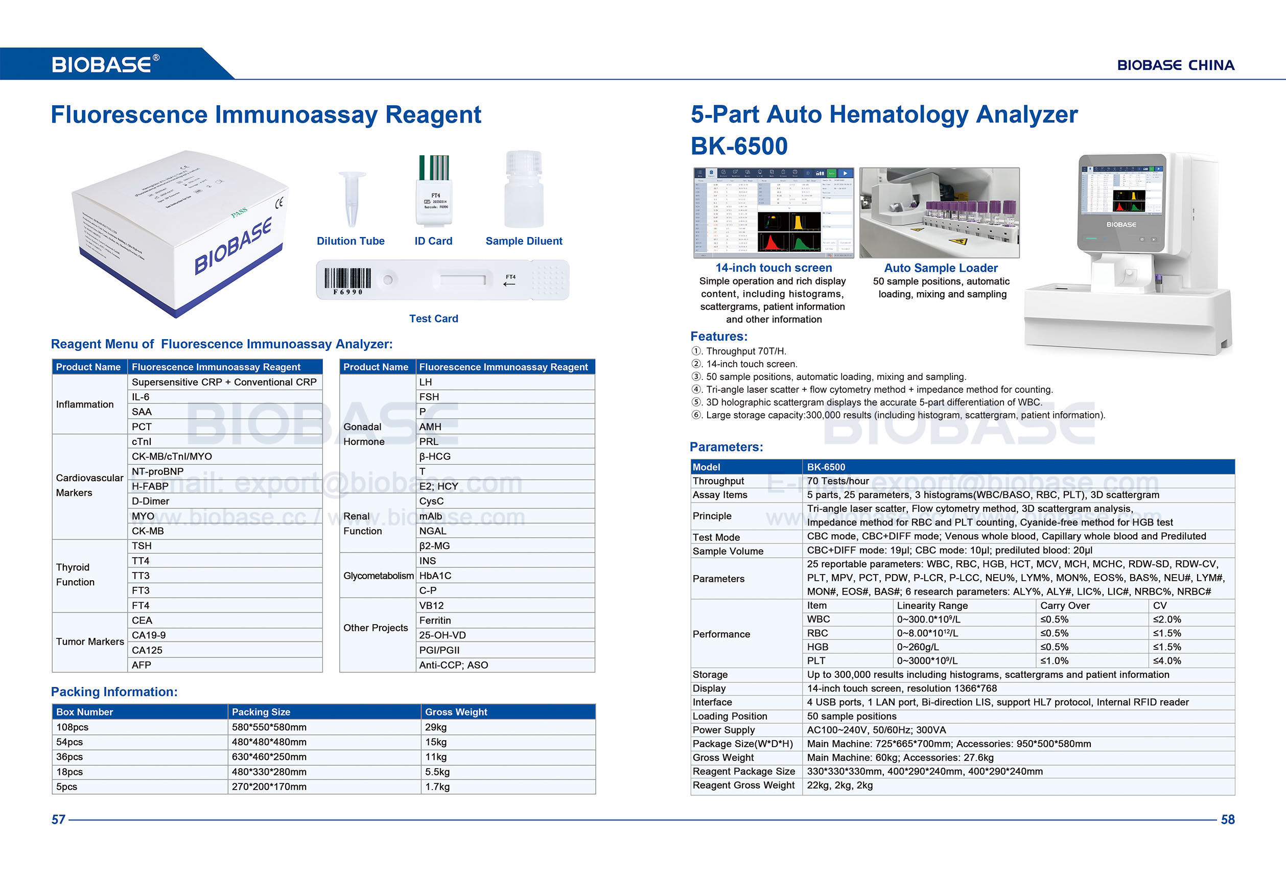 57-58 Fluorescence Immunoassay Reagent & 5-Part Auto Hematology Analyzer BK-6500