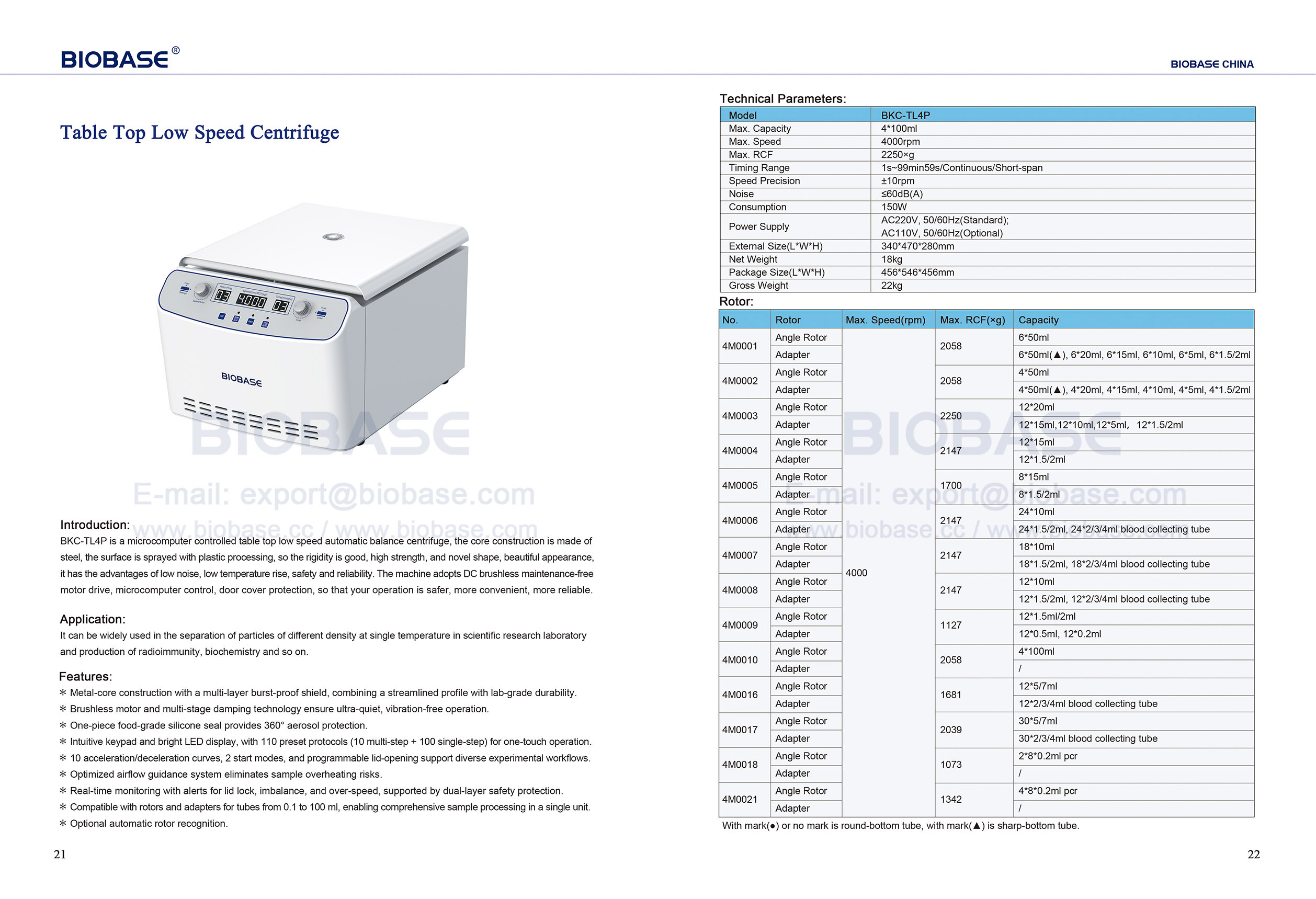 21-22 Table Top Low Speed Centrifuge BKC-TL4P