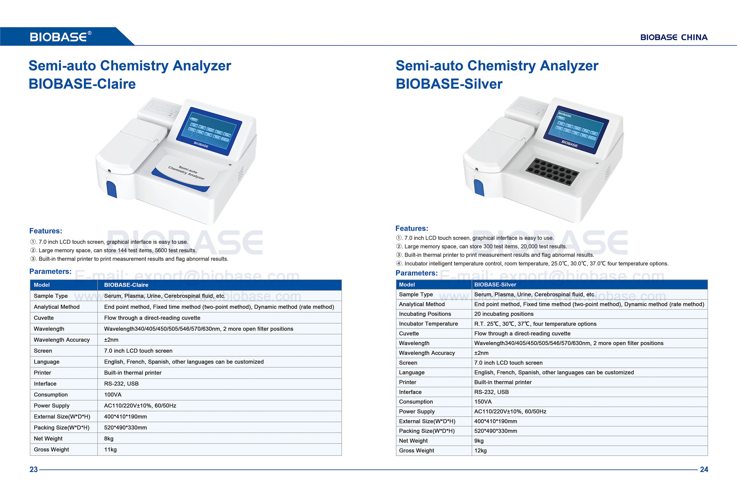 23-24 Semi-auto Chemistry Analyzer BIOBASE-Claire&BIOBASE-Silver
