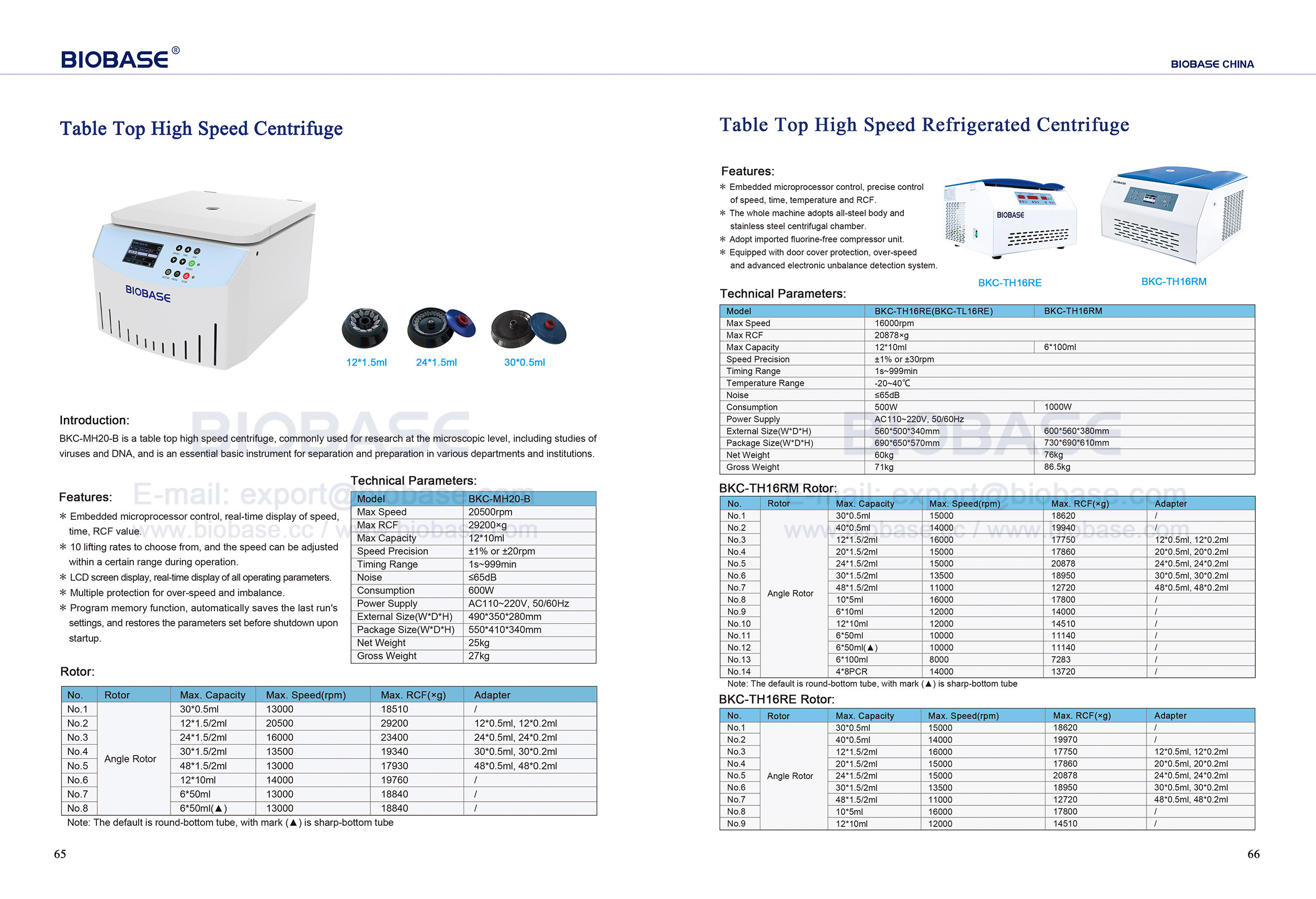 65-66 Table Top High Speed Centrifuge & Table Top High Speed Refrigerated Centrifuge
