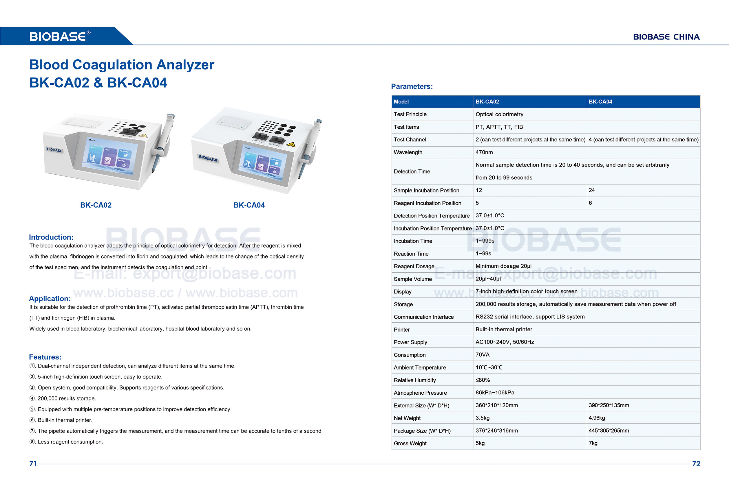 71-72 Blood Coagulation Analyzer BK-CA02&CA04