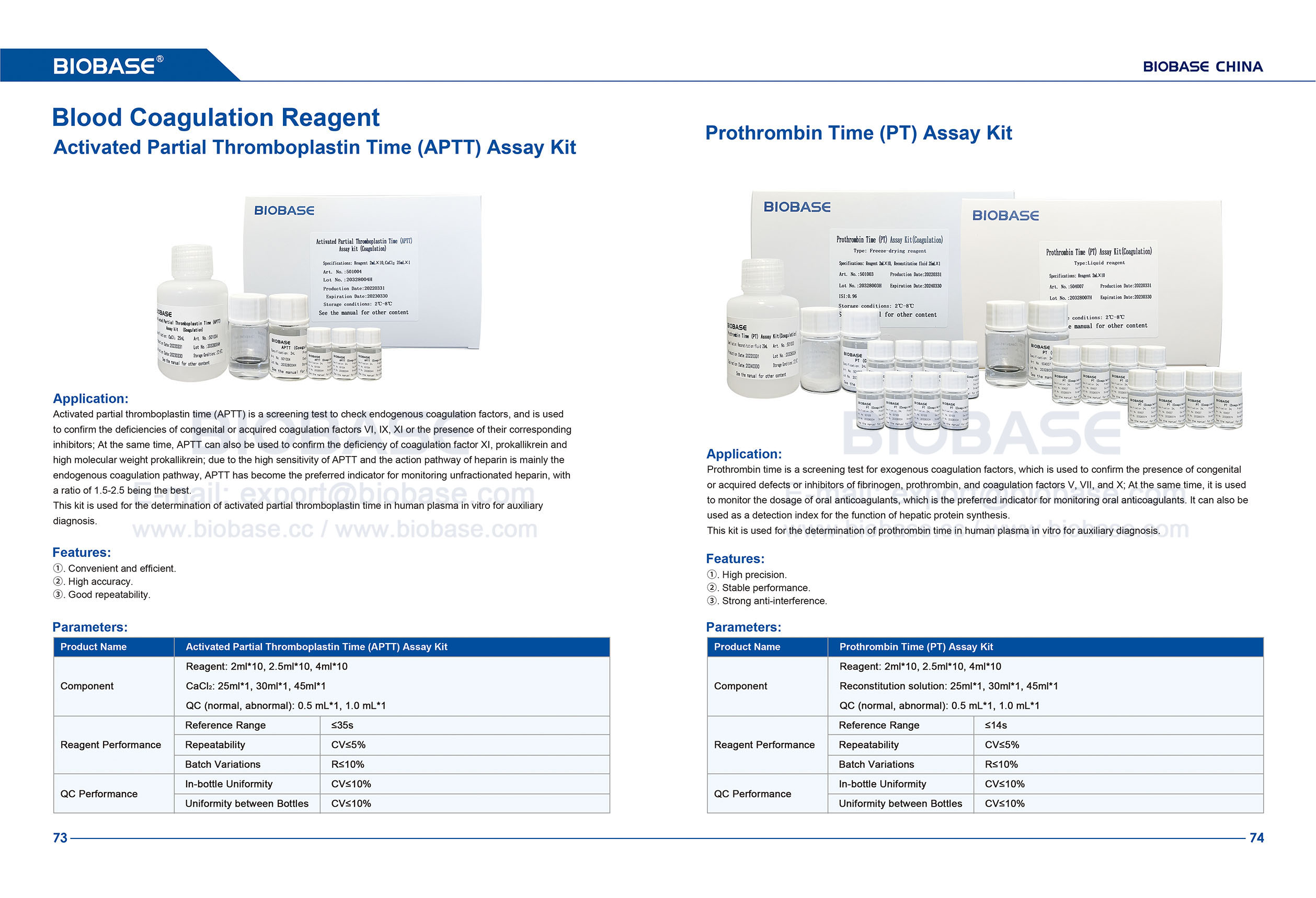 73-74 Activated Partial Thromboplastin Time (APTT) Assay Kit&Prothrombin Time (PT) Assay Kit