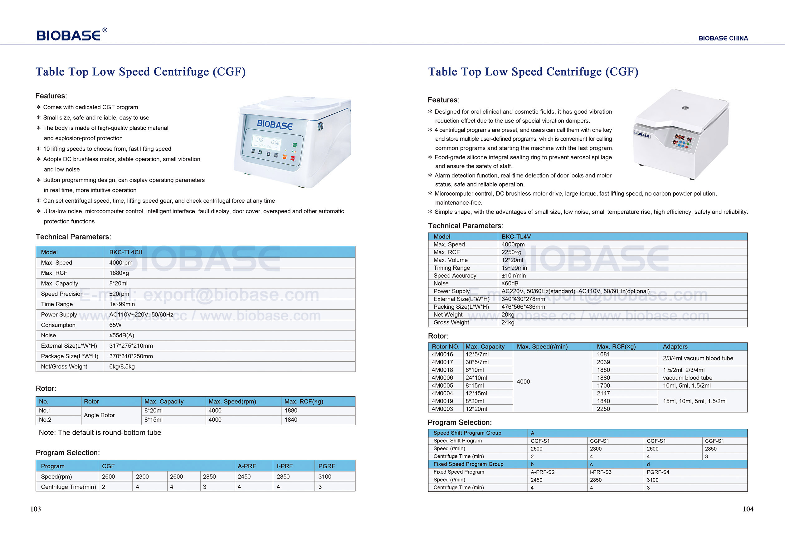 103-104 Table Top Low Speed Centrifuge (CGF) BKC-TL4CII & BKC-TL4V
