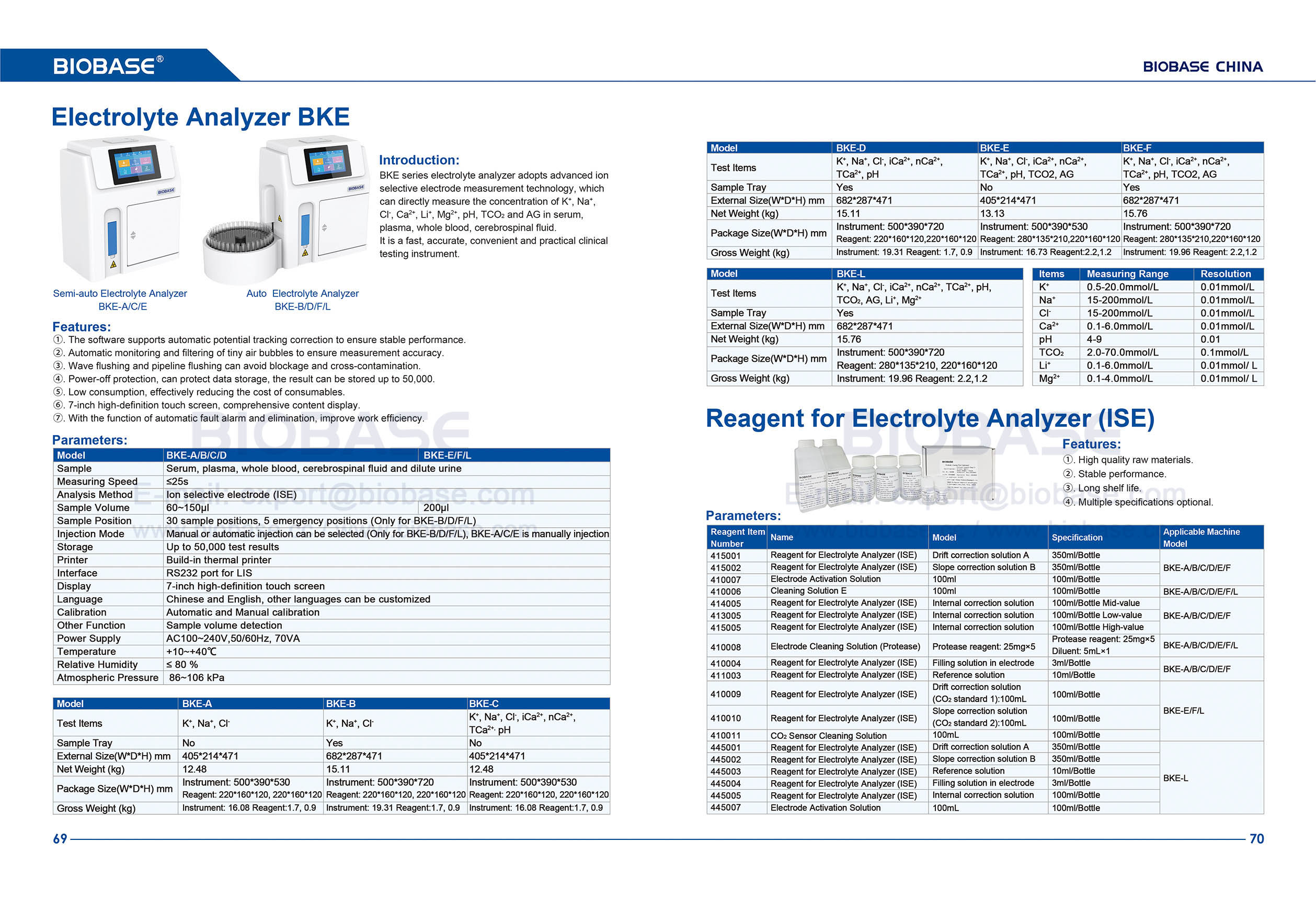 69-70 Electrolyte Analyzer BKE & Reagent for Electrolyte Analyzer (ISE)