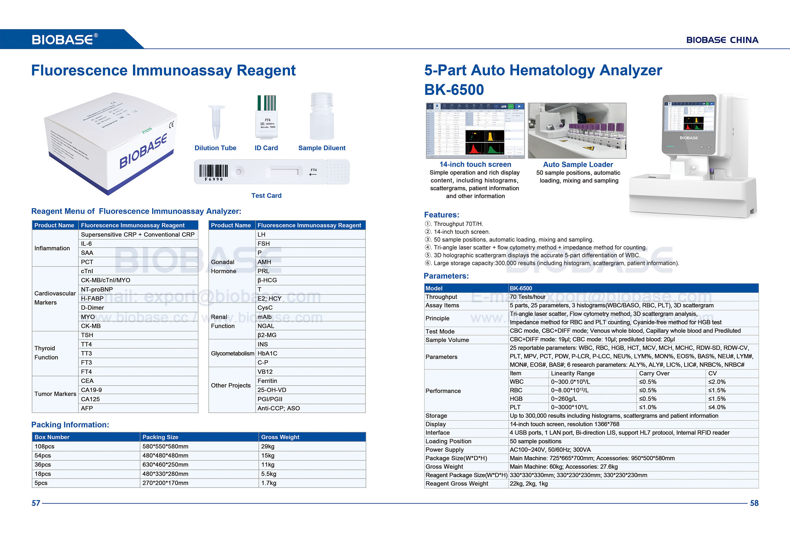 57-58 Fluorescence Immunoassay Reagent & 5-Part Auto Hematology Analyzer BK-6500