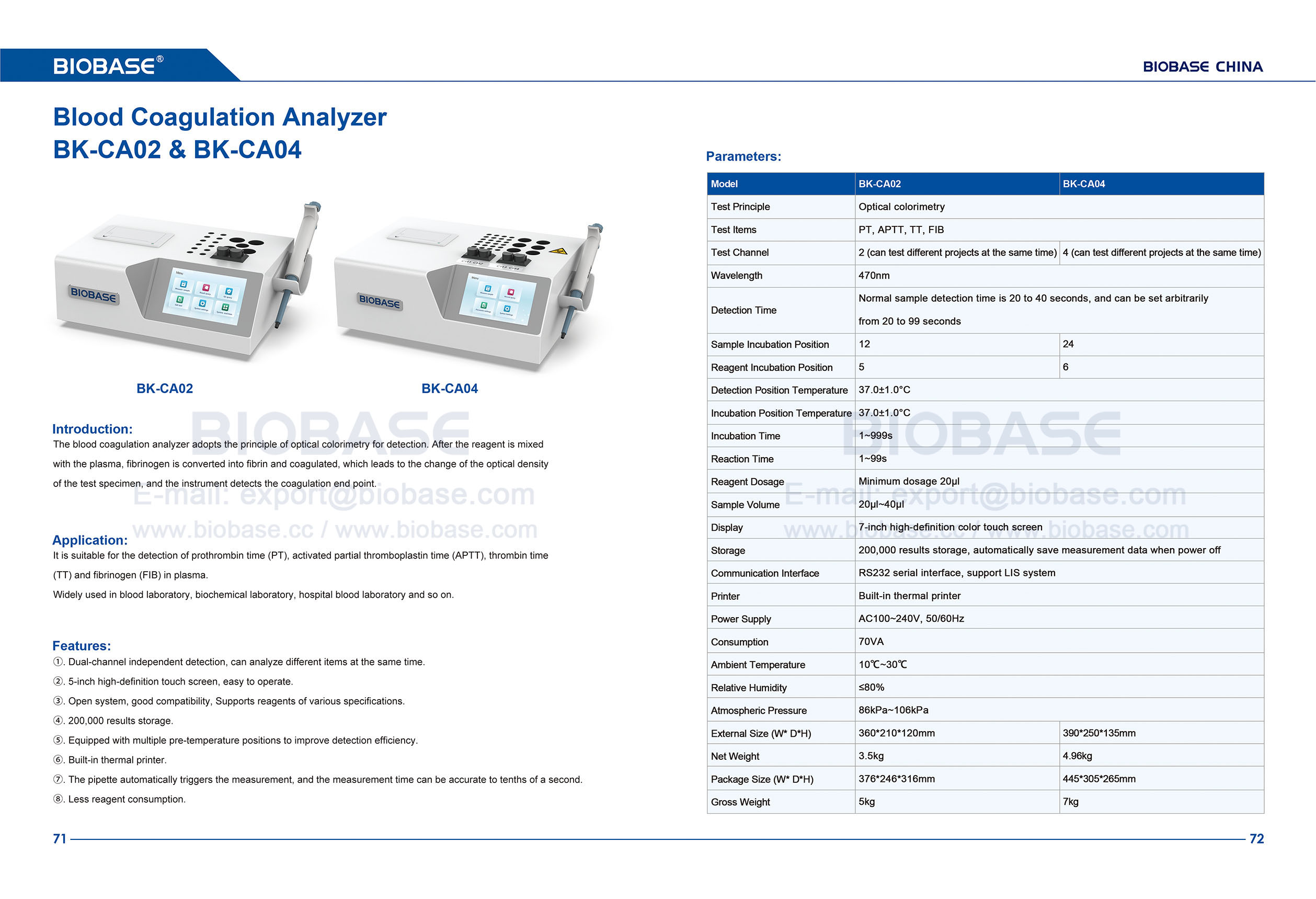 71-72 Blood Coagulation Analyzer BK-CA02&CA04