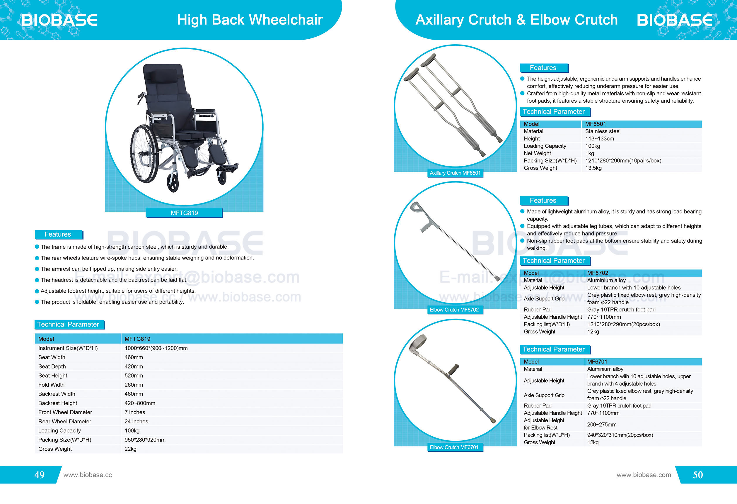 49-50 High Back Wheelchair MFTG819&Axillary Crutch & Elbow Crutch